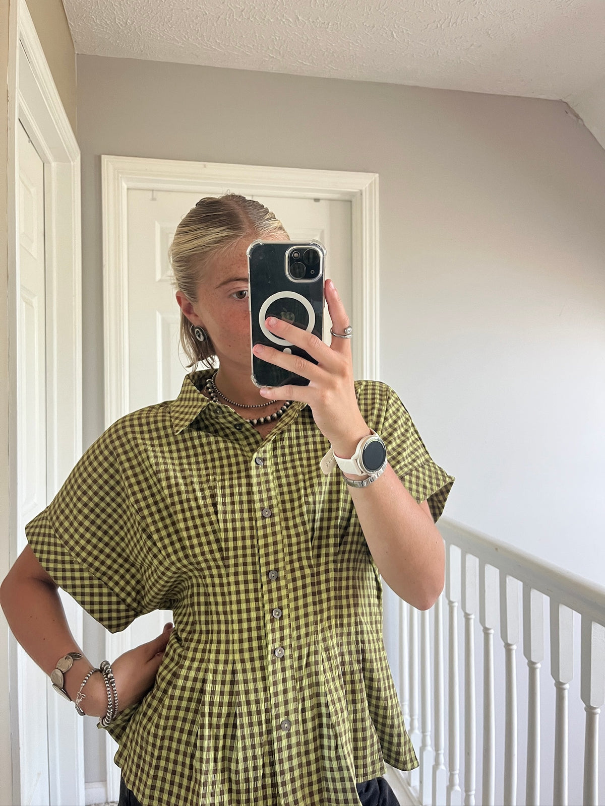 Matcha Gingham Print Top