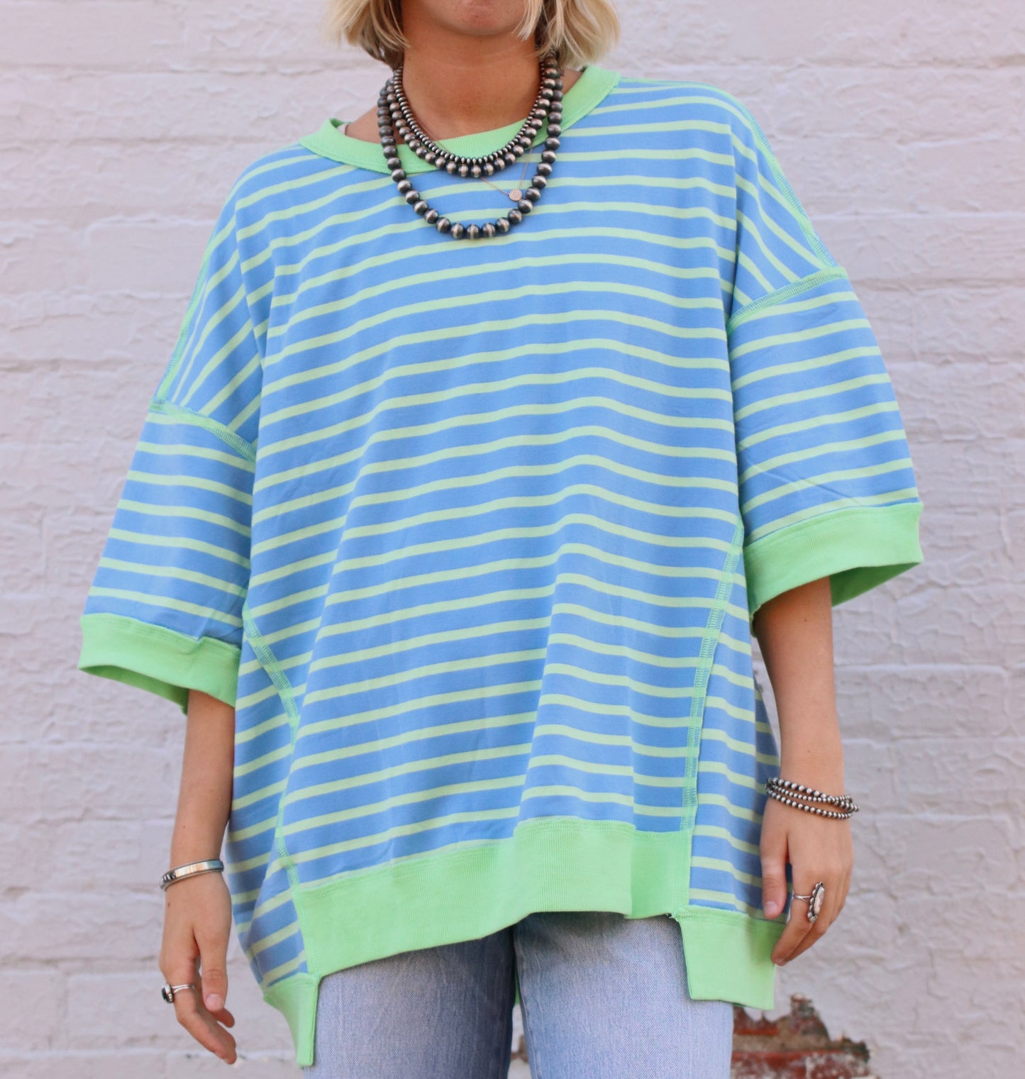 Blue and Green Stripe Contrast Top