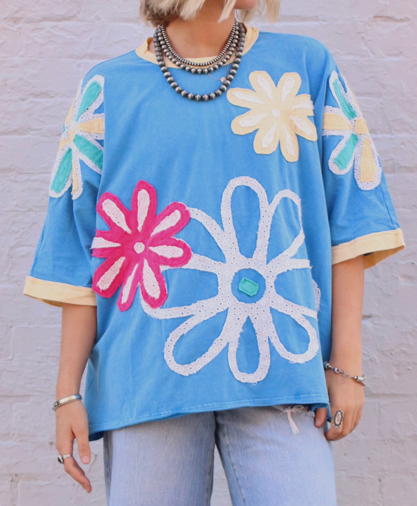 Blue Mineralwash Floral Quilted Top