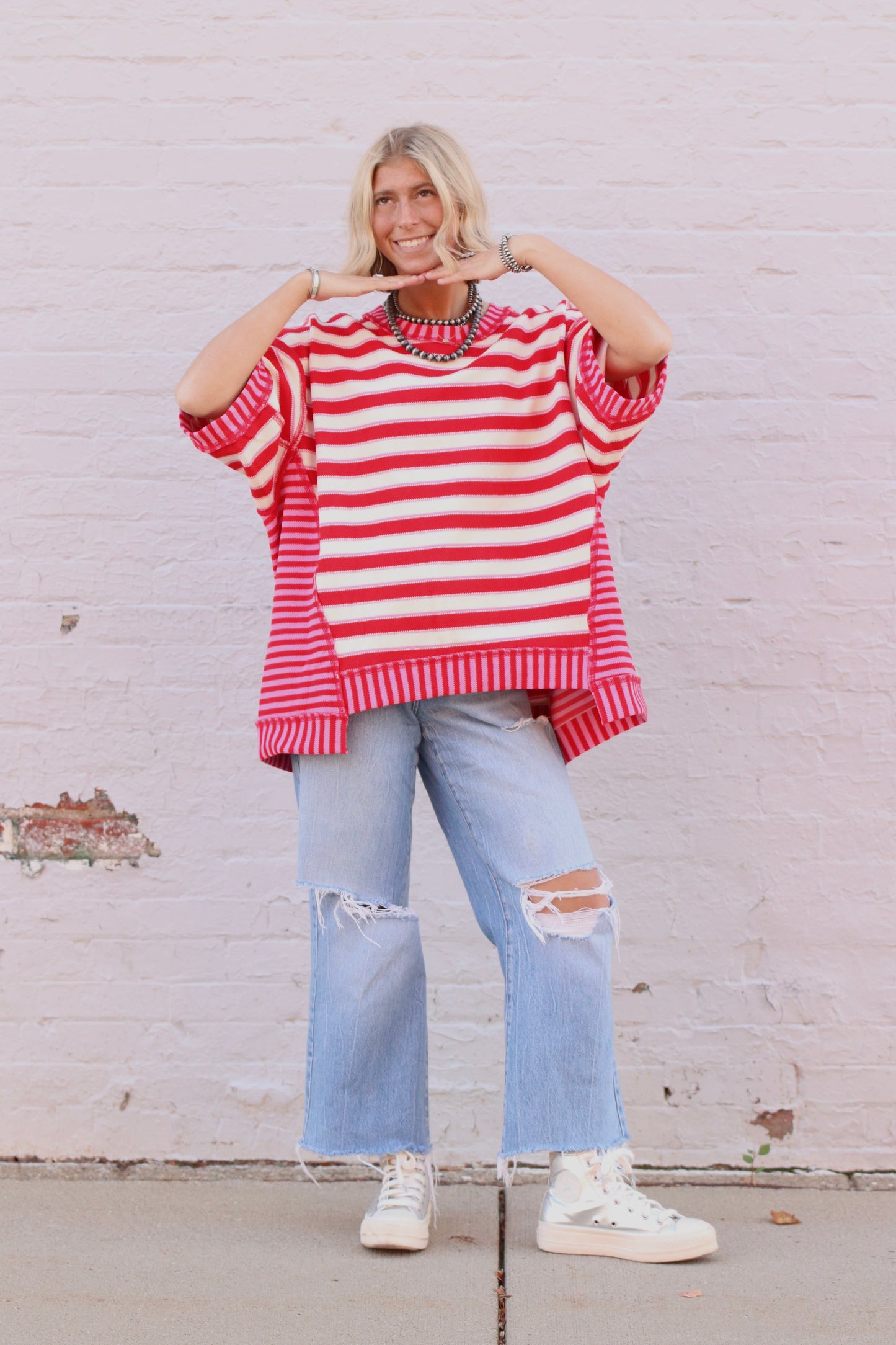 Red Mixed Stripe Loose Top