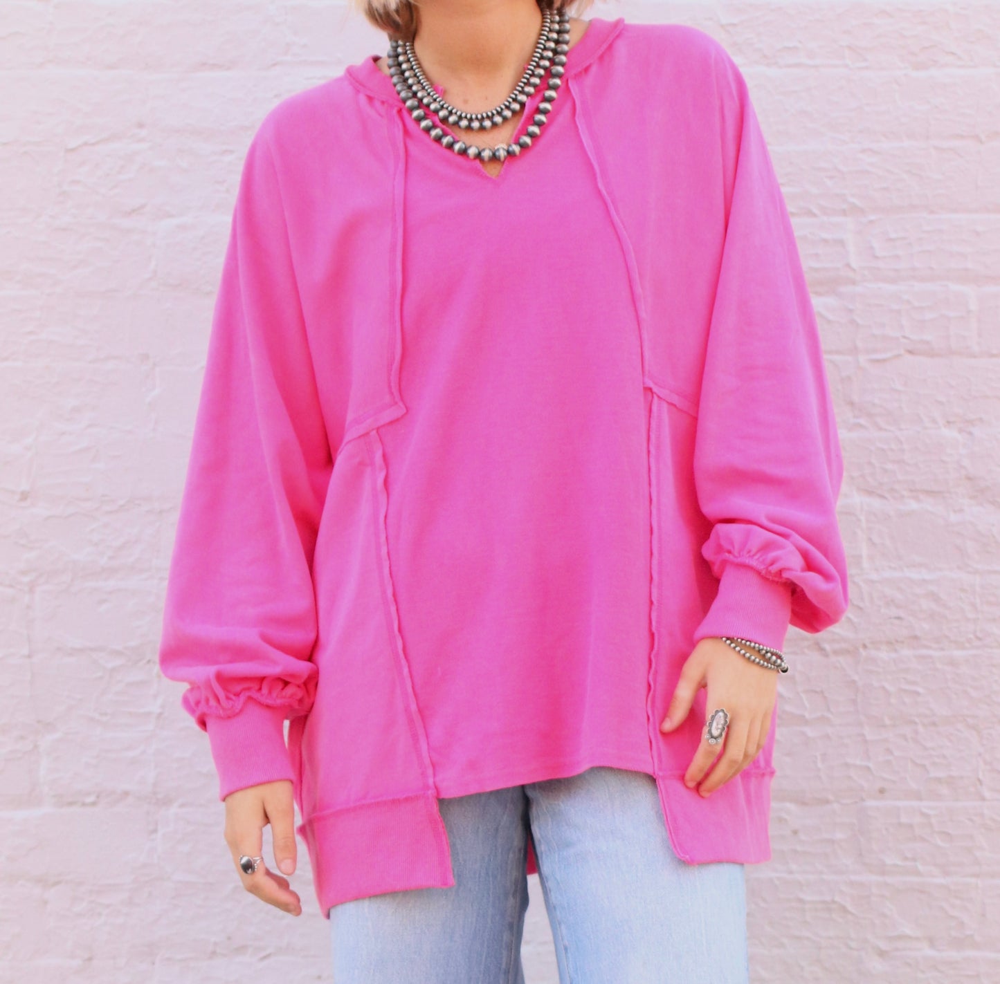 Pink Oversized Raw Edge Crewneck