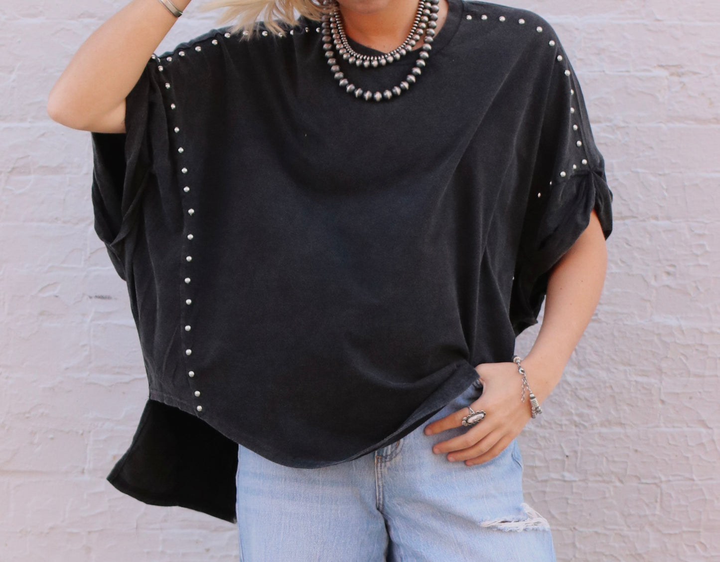 Black Studded High Low Tee