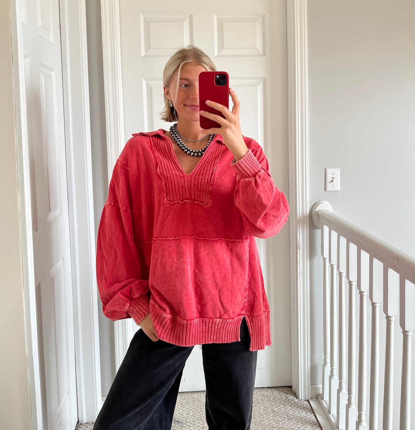Red Collared Mineralwashed Sweatshirt