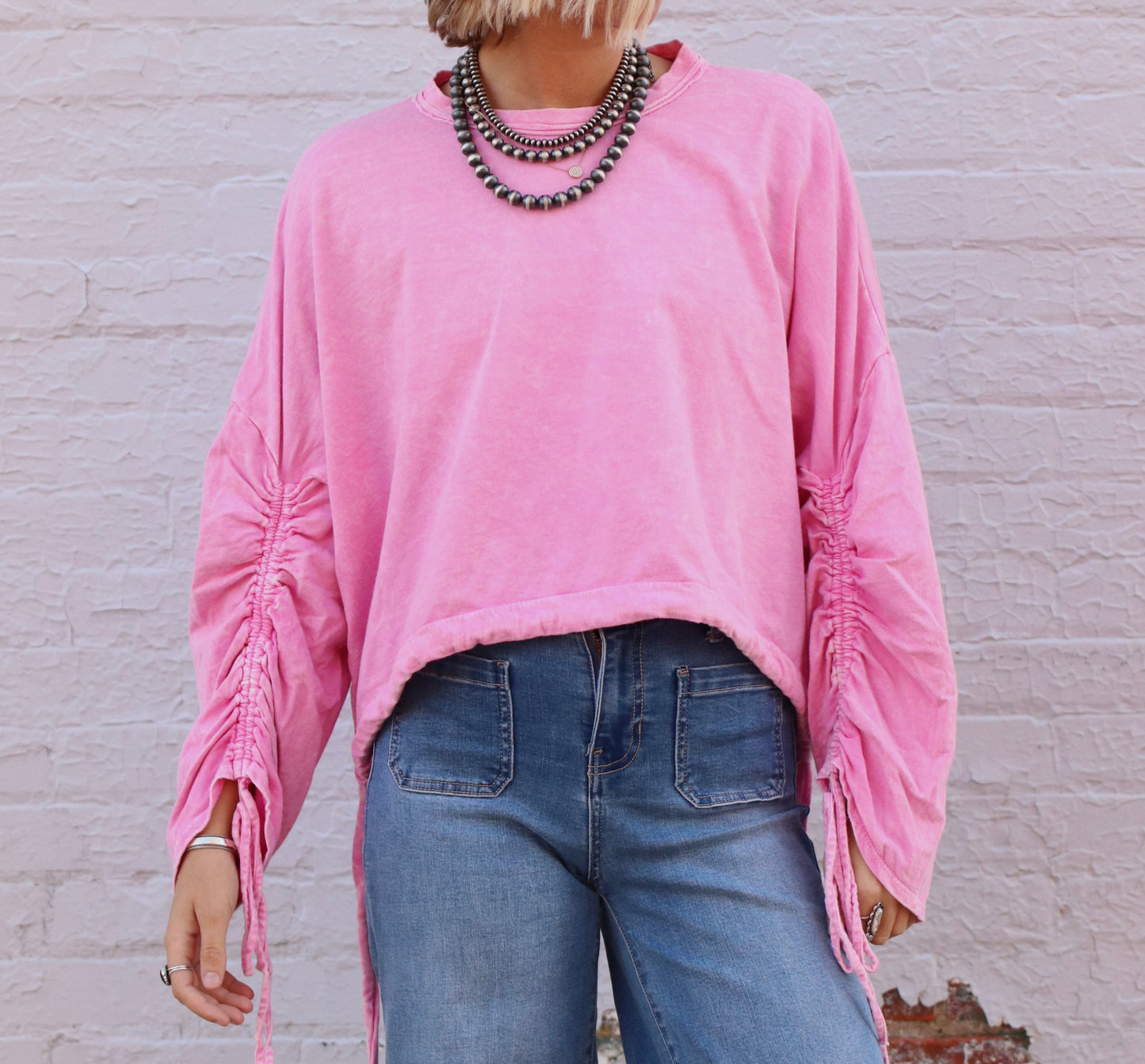 Pink Mineralwash Drawstring Crewneck