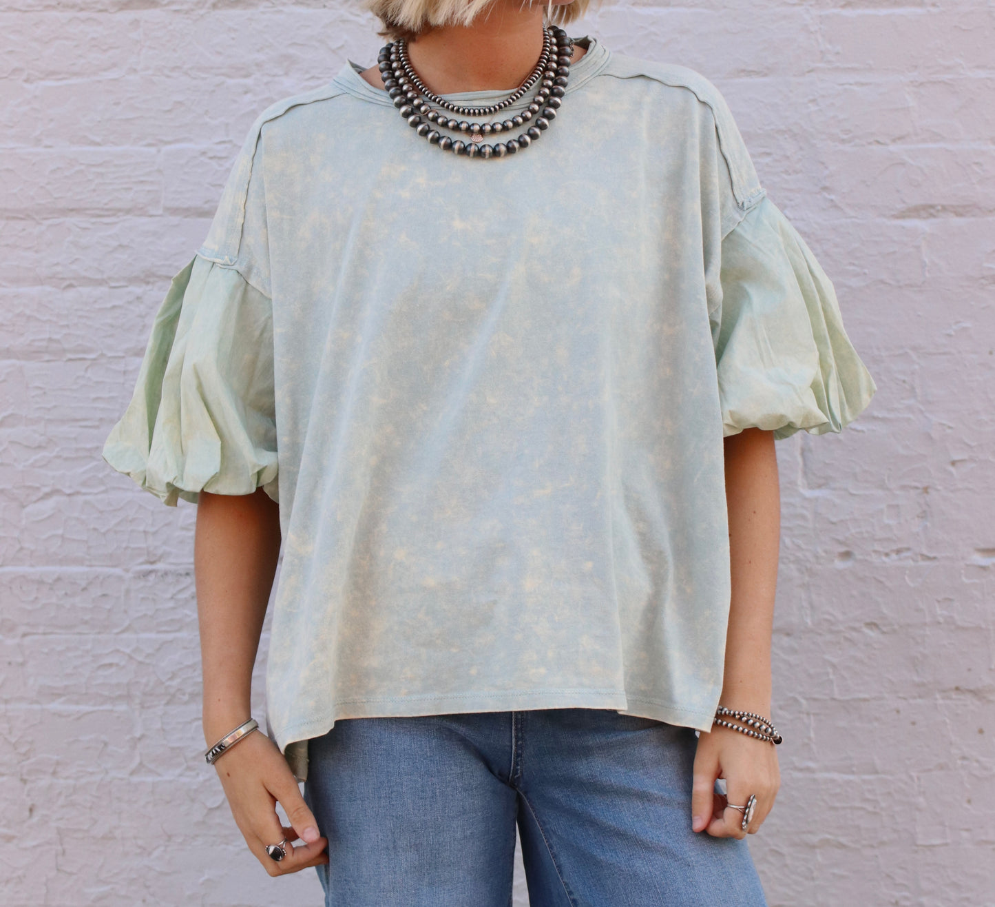 Mint Mineral Washed Puff Sleeve Top