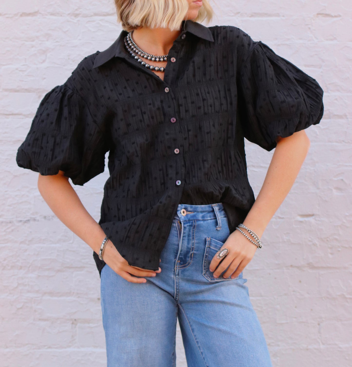 Black Button Down Puff Sleeve Top
