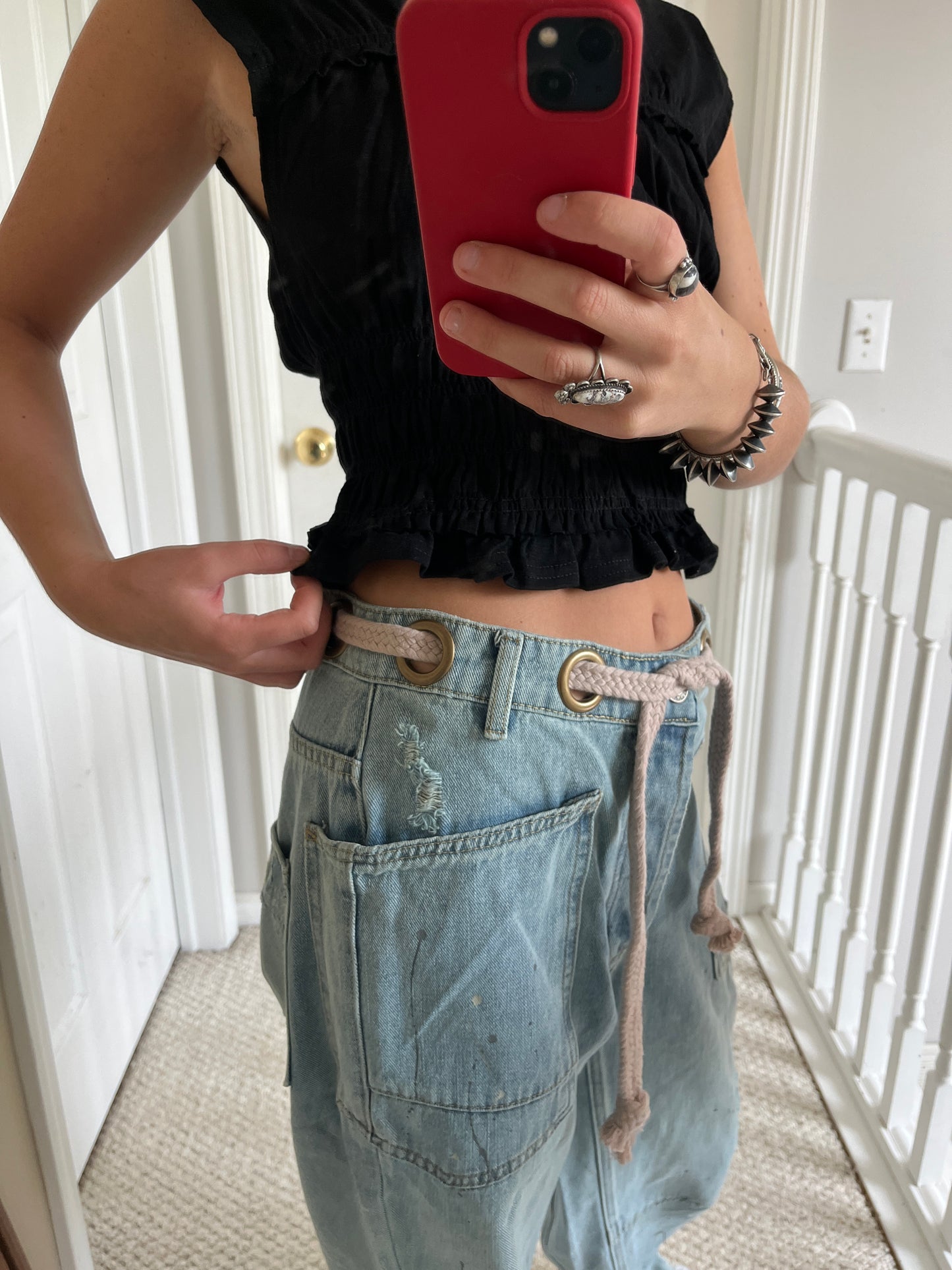Eyelet Belted Barrel Jeans