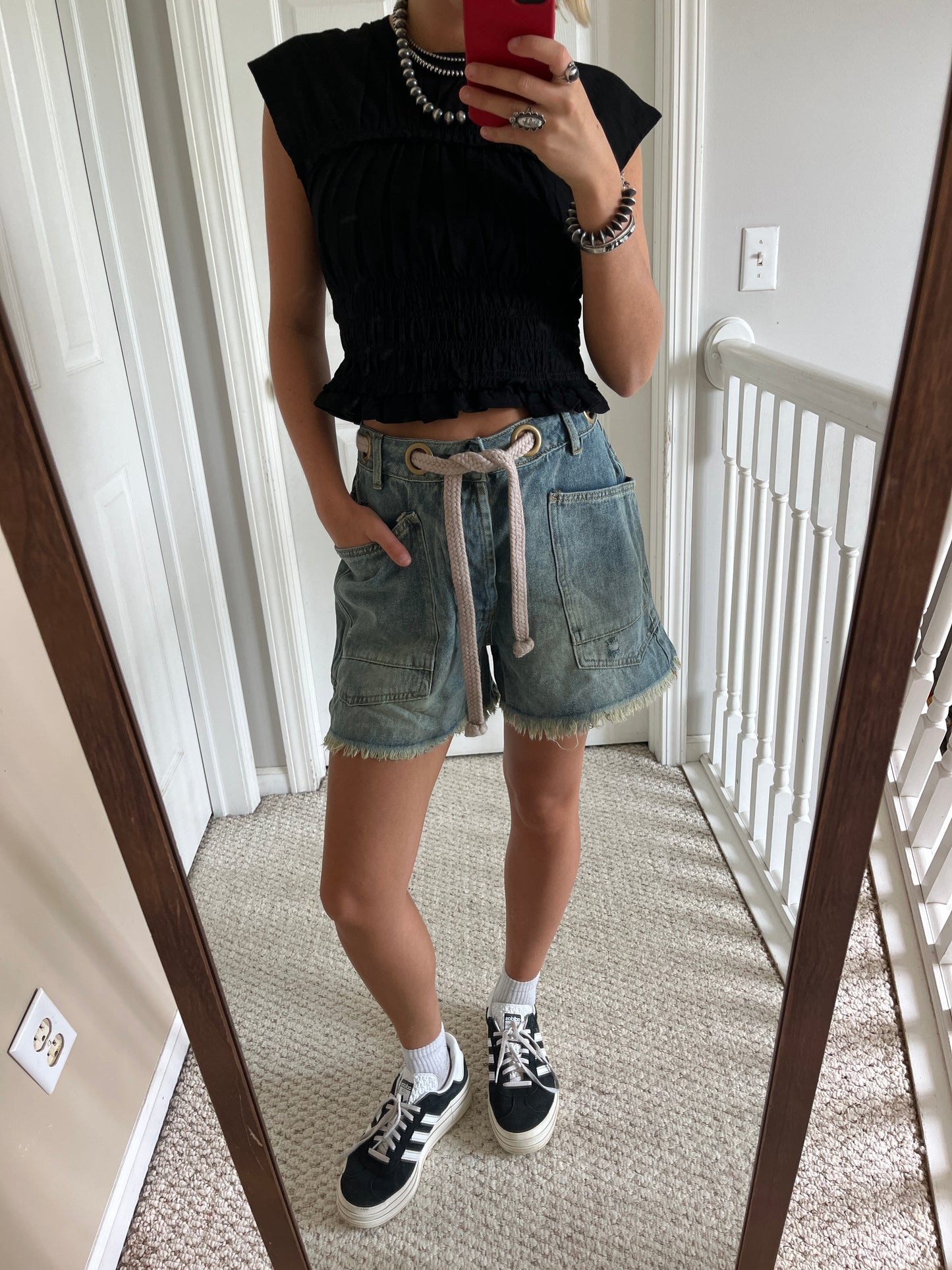Eyelet Belted Jean Shorts