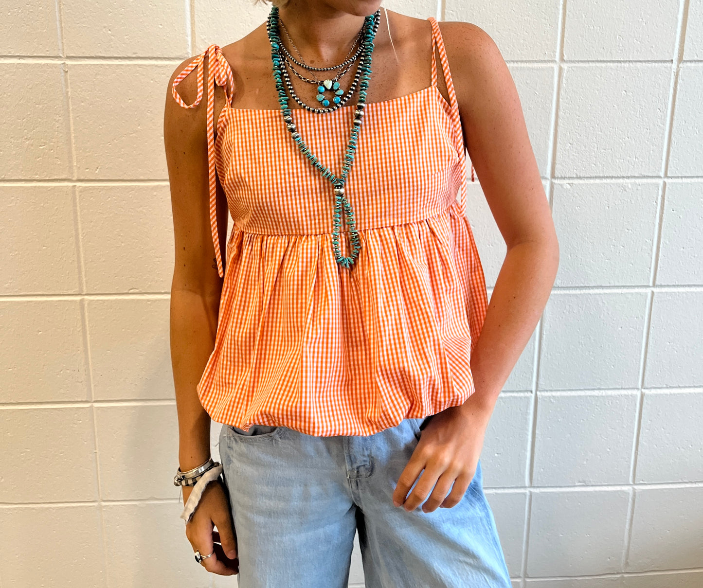 Orange Gingham Bubble Tie Tank