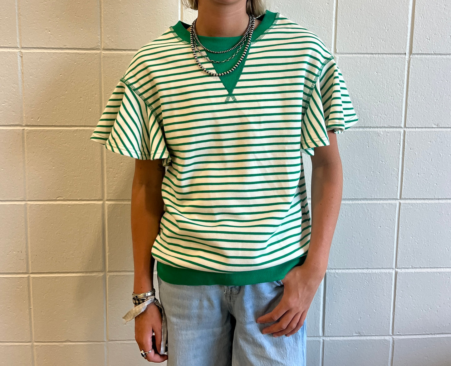 Green Striped Ruffle Sleeve Top