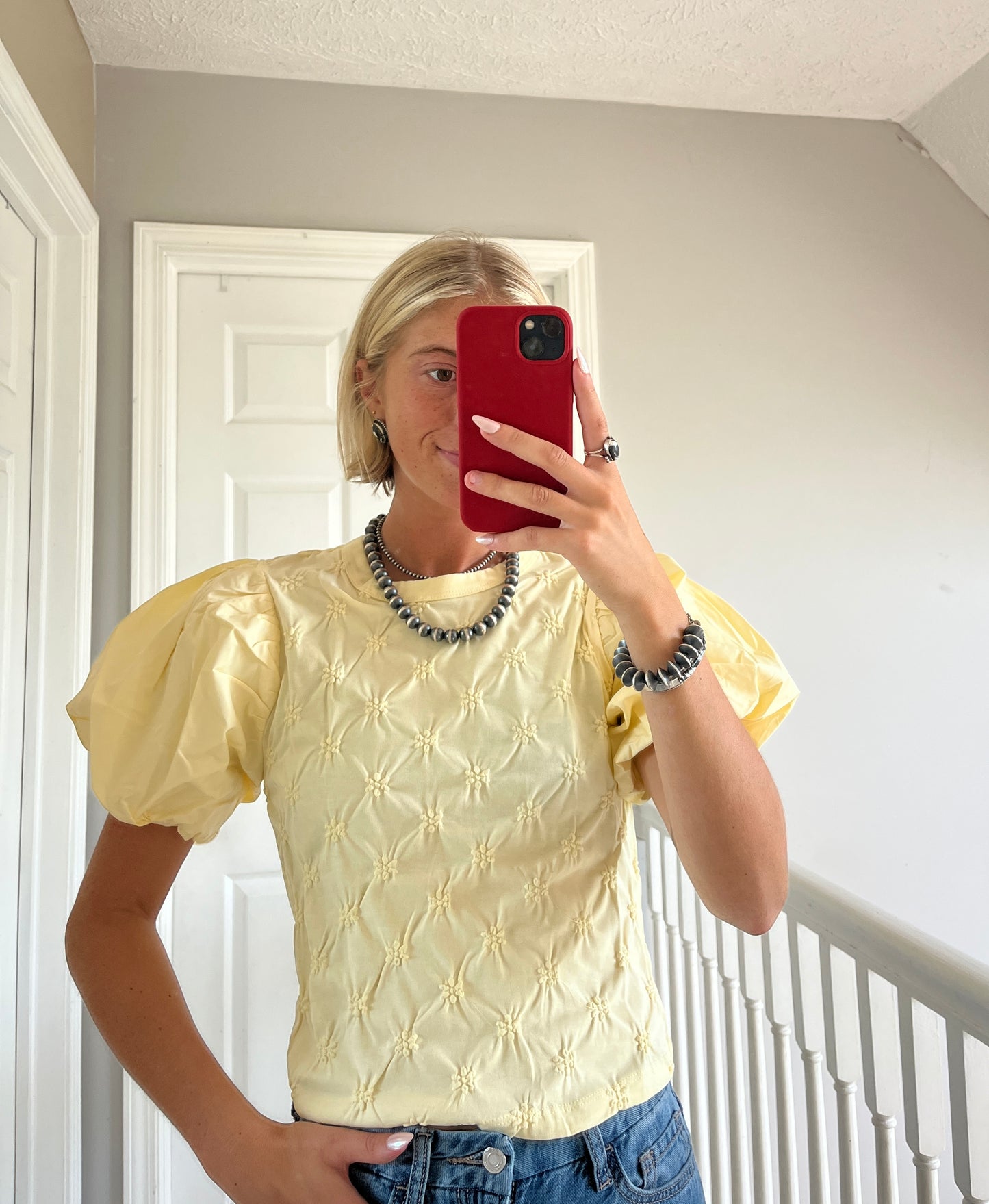 Yellow Floral Detail Puff Top