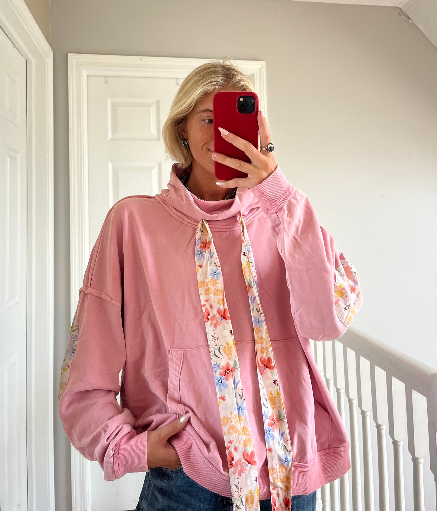 Floral Funnel Neck Patchwork Sweater