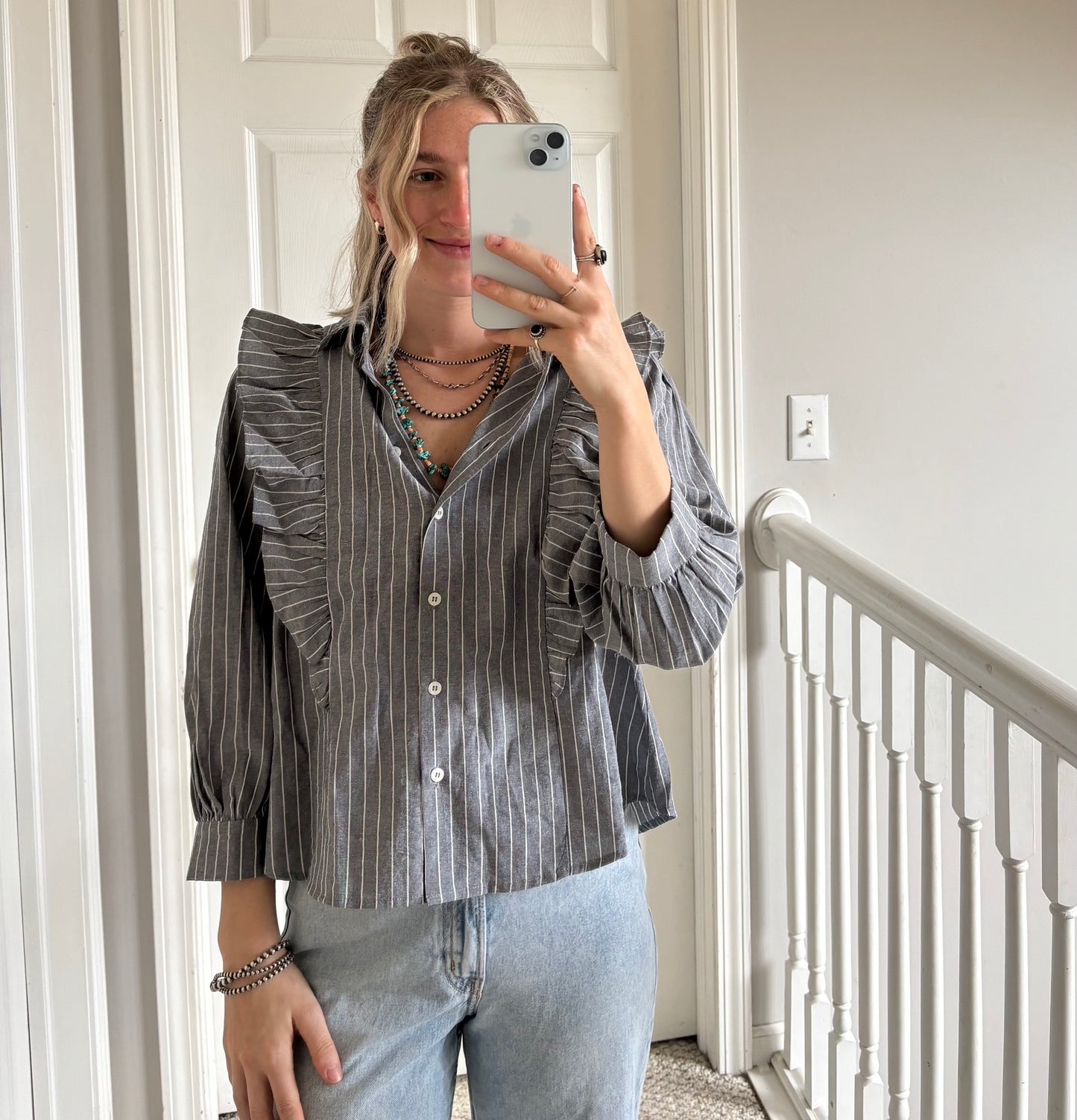Grey Striped Ruffle Button Down