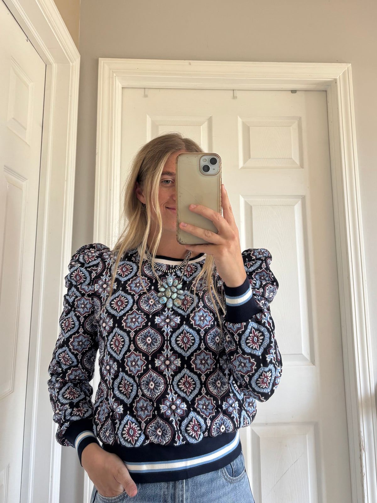 Navy Print Puff Sleeve Long Sleeve
