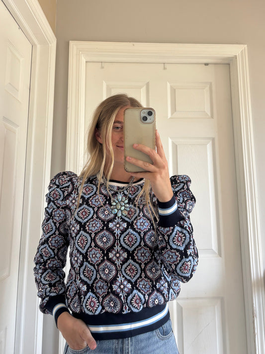Navy Print Puff Sleeve Long Sleeve