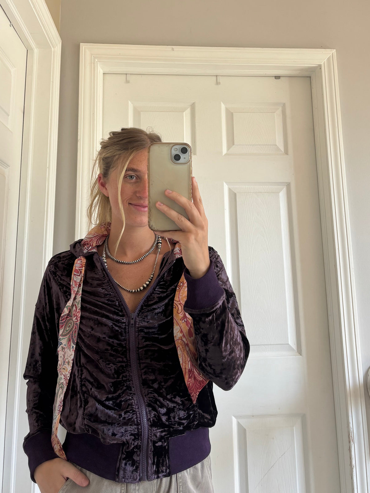 Purple Paisley Velvet Ruched Zip Up