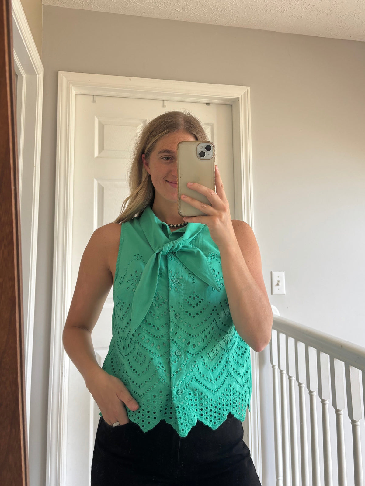 Green Eyelet Top