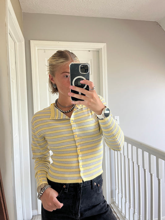 Yellow Stripe Smocked Sweater