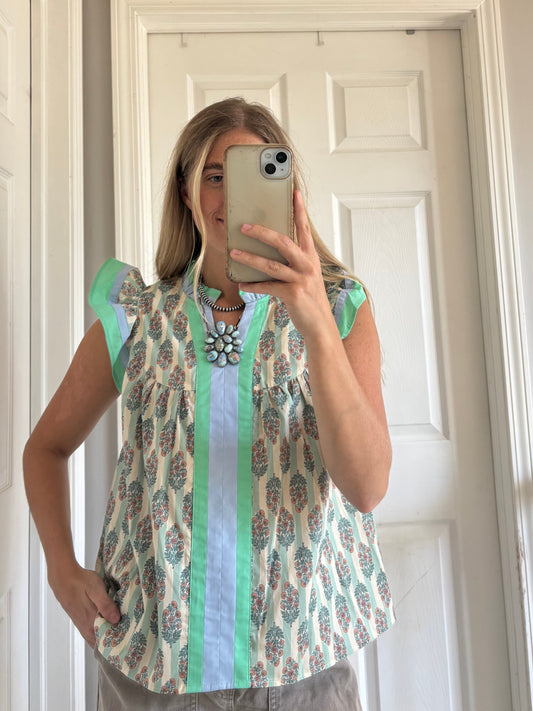 Mint Striped Floral Print Ruffle Sleeve Top