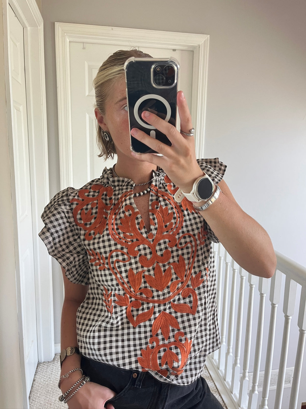 Gingham Embroidered Top