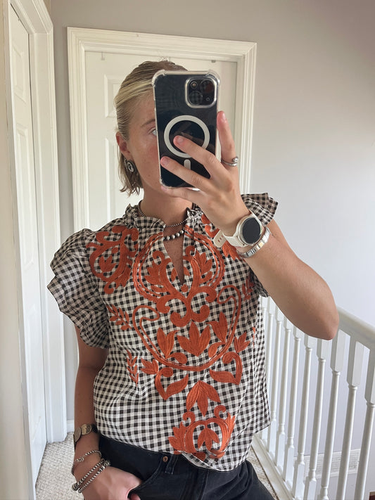 Gingham Embroidered Top
