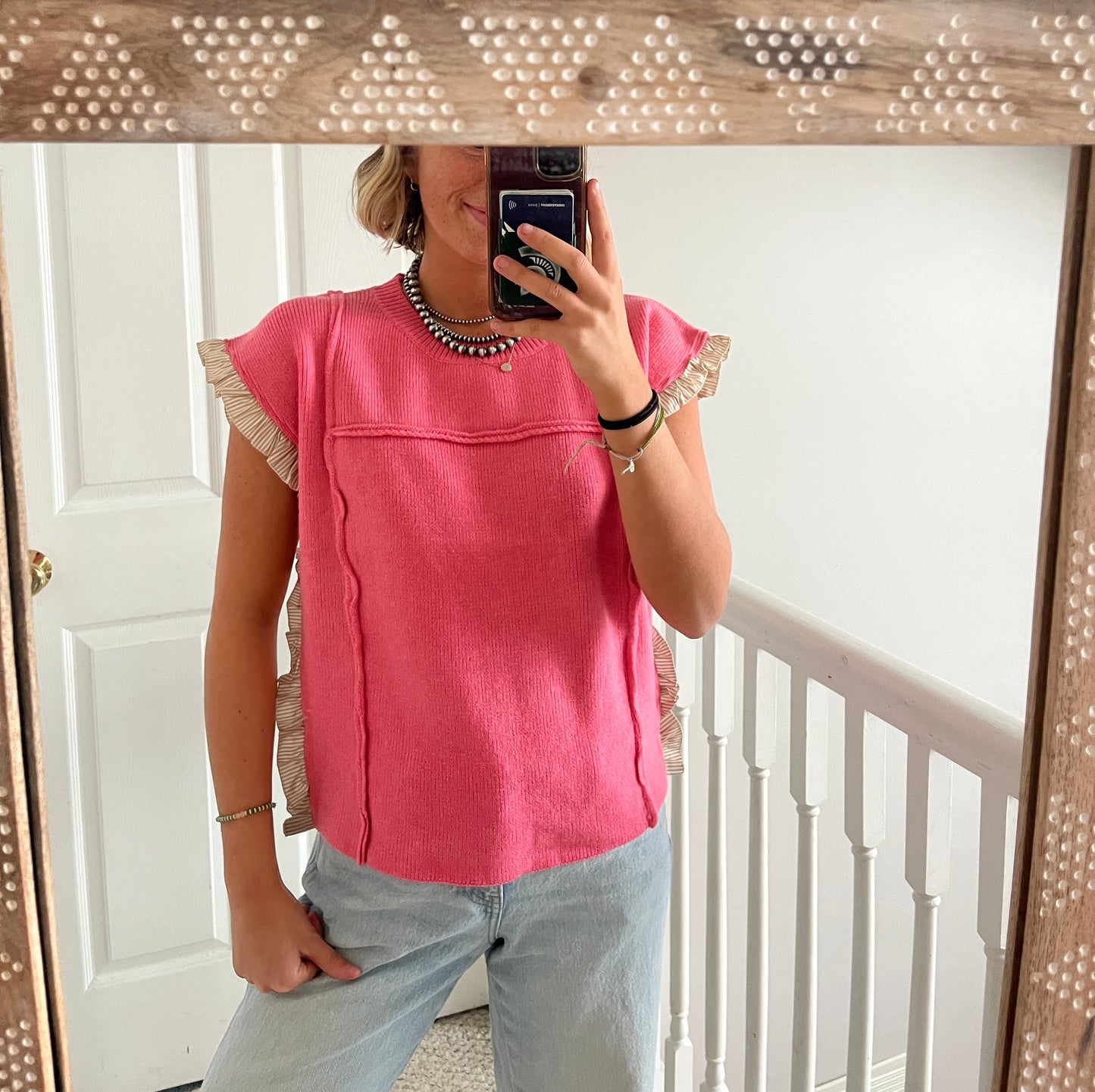 Pink and Tan Contrast Sweater Top