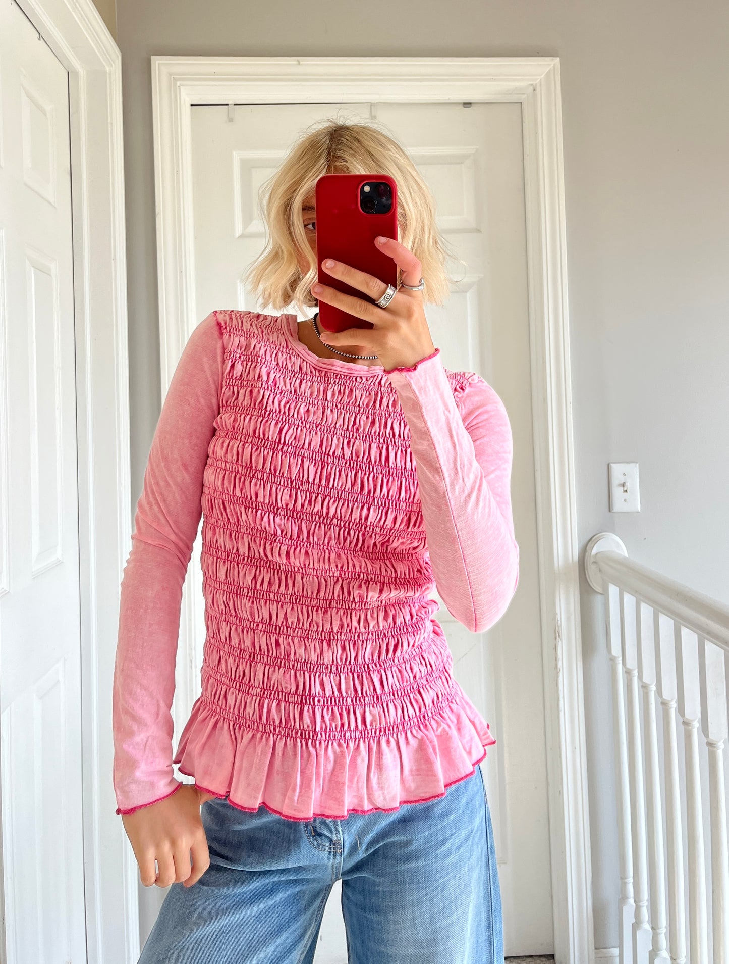 Pink Smocked Peplum Top