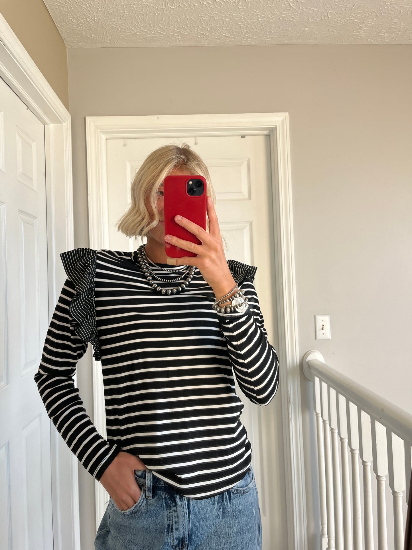 Striped Ruffle Shoulder Top