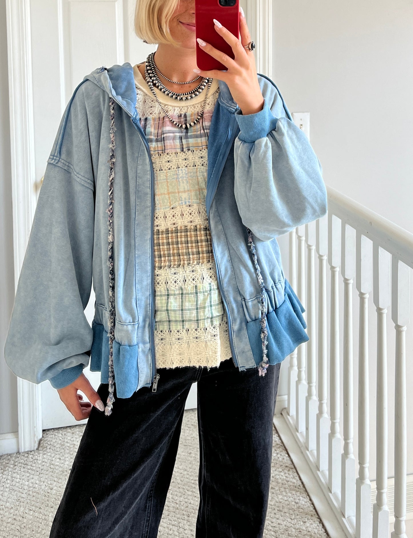Blue Ruffle Zip Up