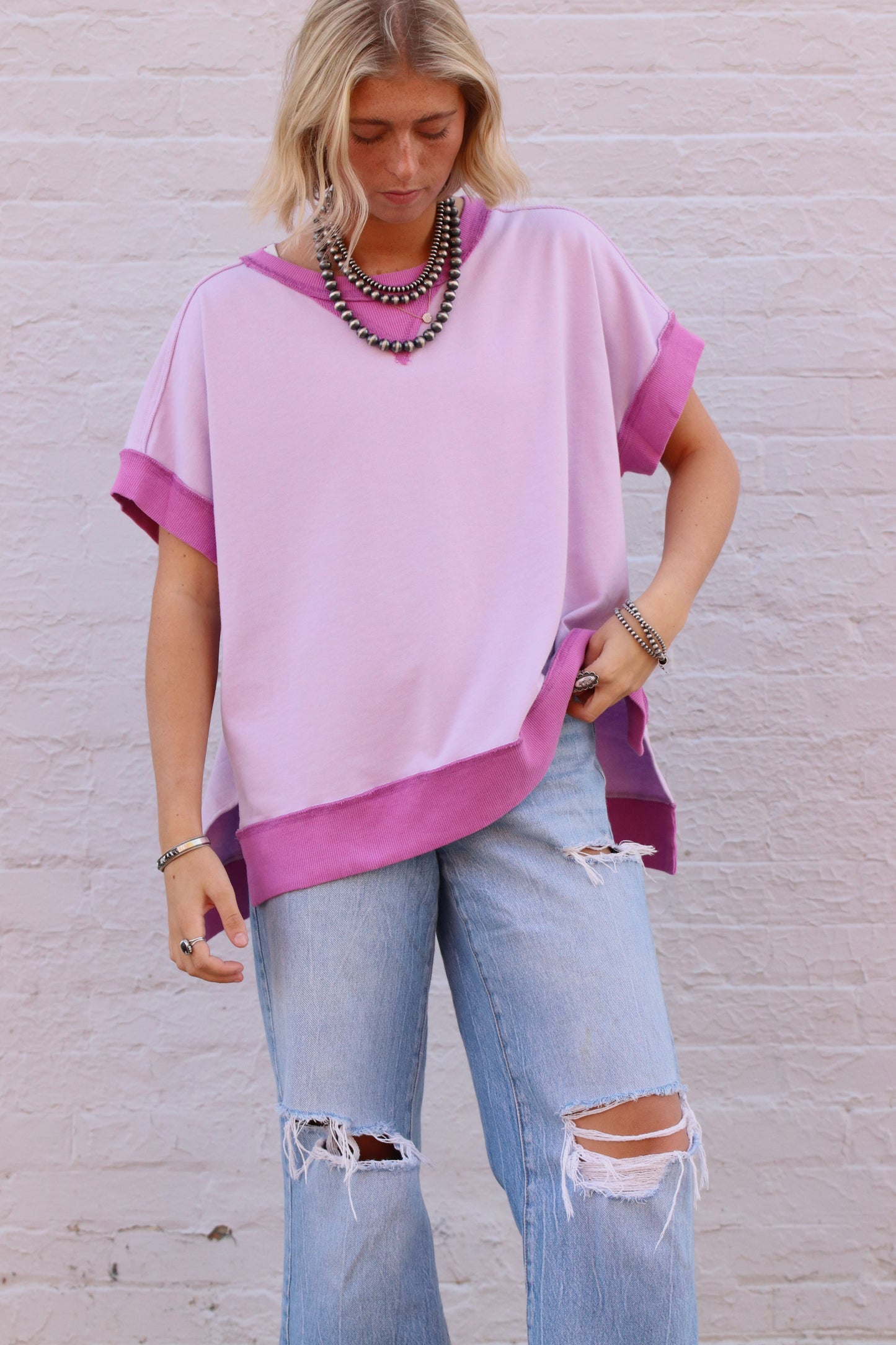 Lavender French Terry Color Block Top