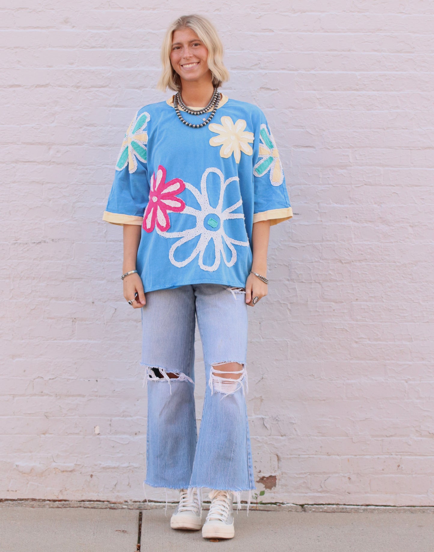 Blue Mineralwash Floral Quilted Top