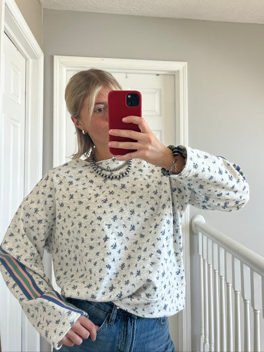 Floral Stripe Sleeve Crewneck