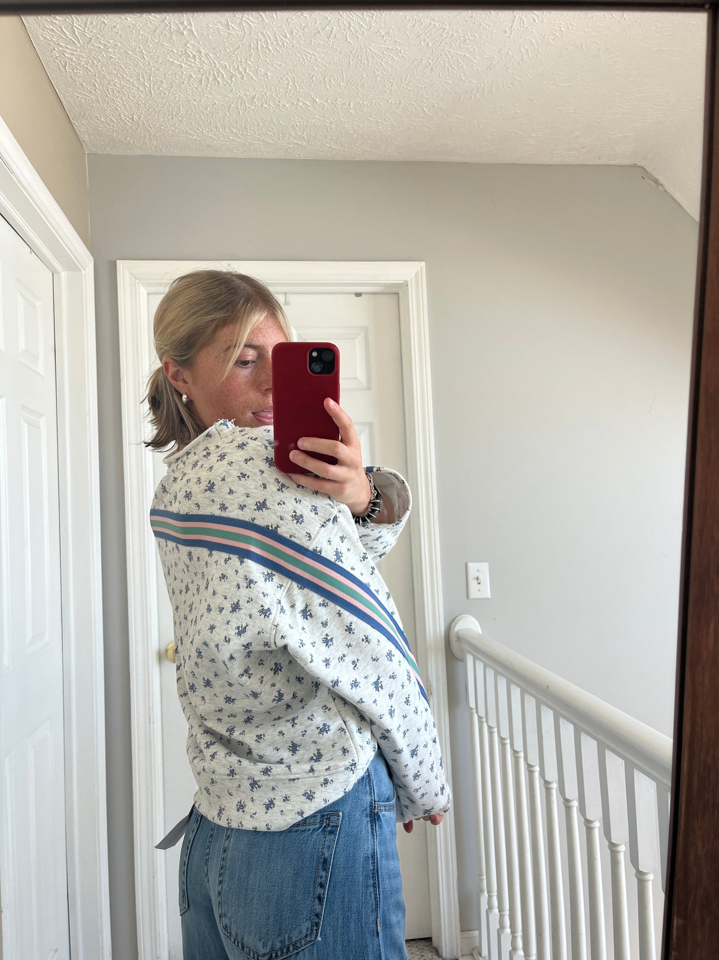Floral Stripe Sleeve Crewneck