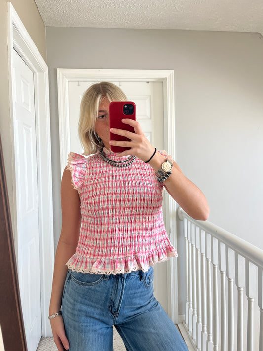 Pink Plaid Smocked Top