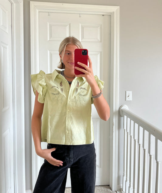 Green Emroidered Cut Out Top