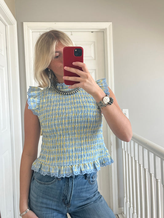 Blue Plaid Smocked Top