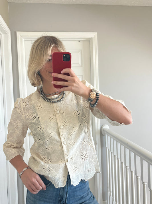 White Scalloped Button Down Top