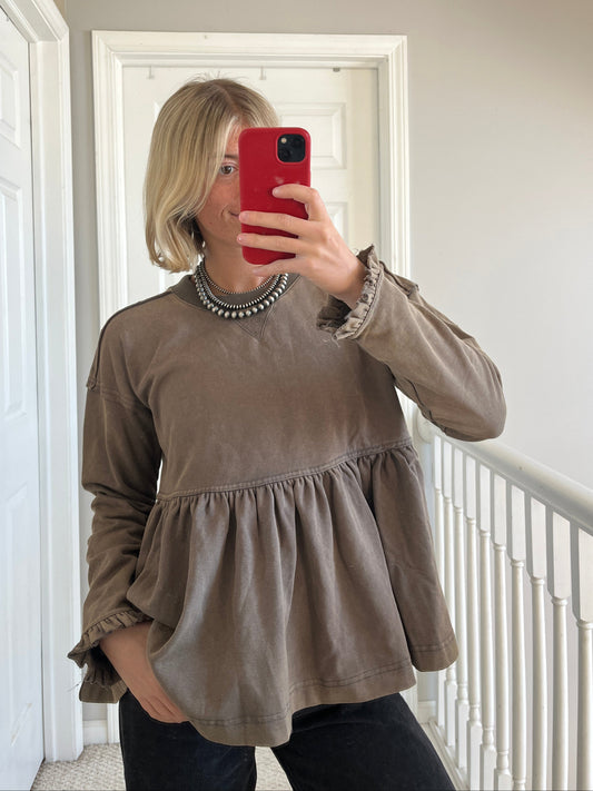 Brown Peplum Long Sleeve Top