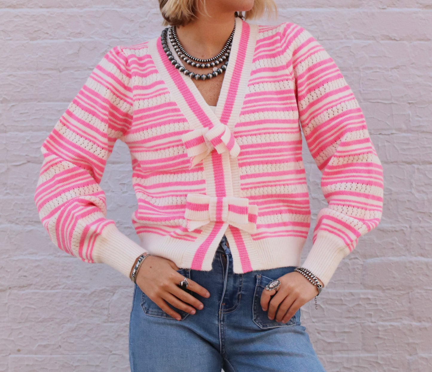 Pink Bow Striped Cardigan