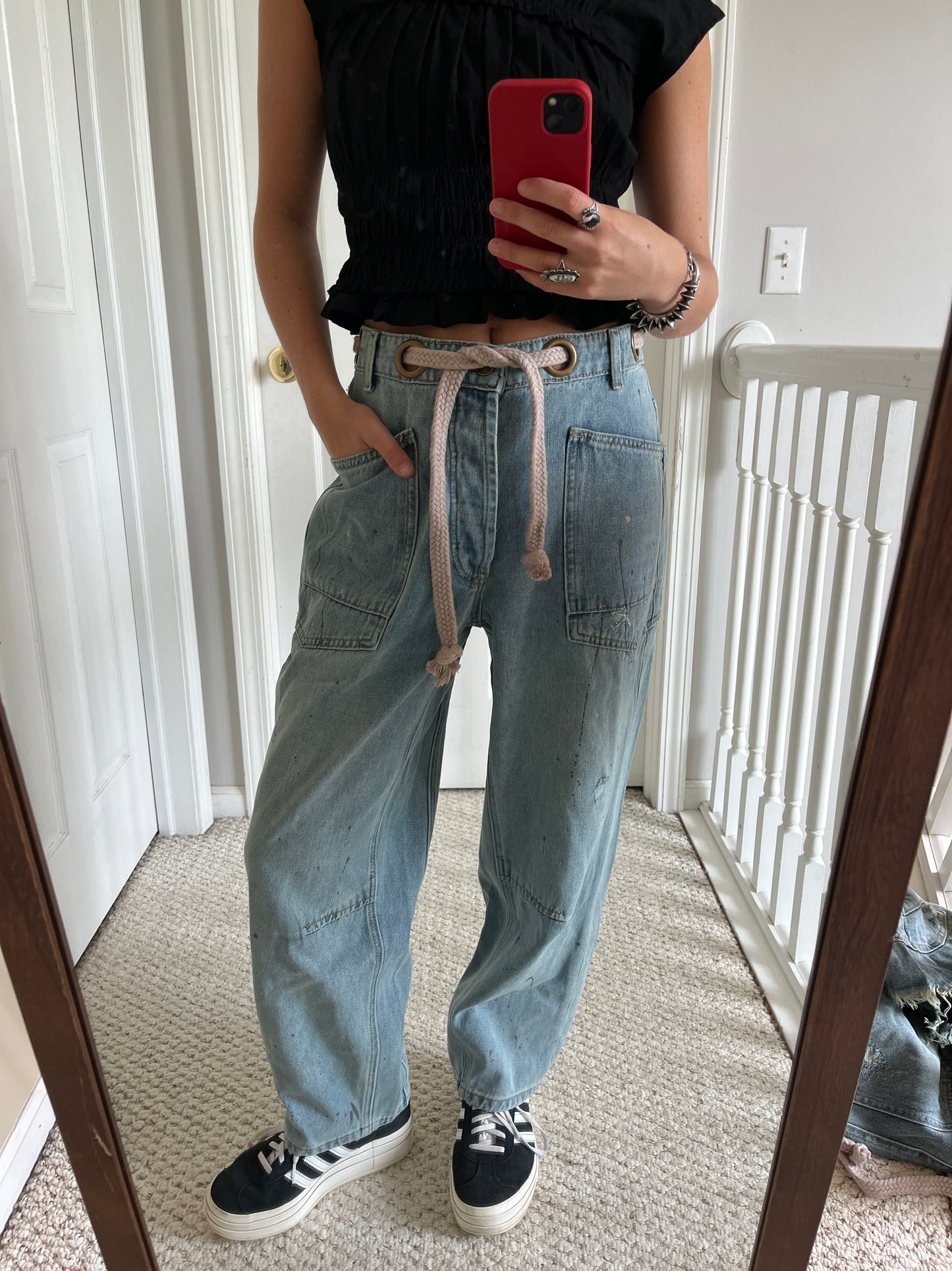 Eyelet Belted Barrel Jeans