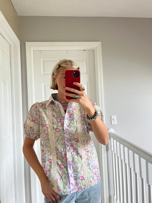 Floral Lace Detail Button Down