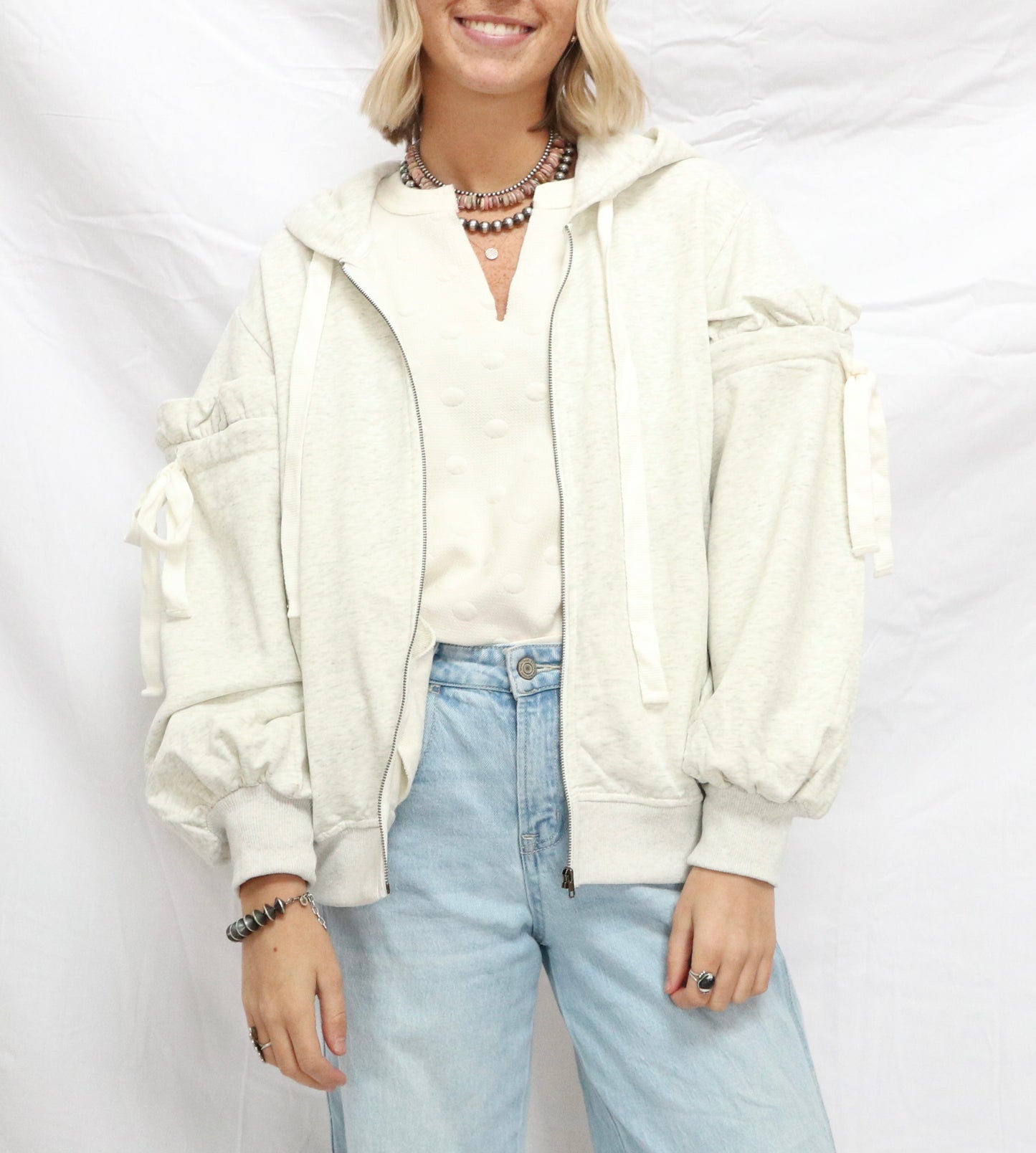 Ruffled Puff Sleeve Zip Up