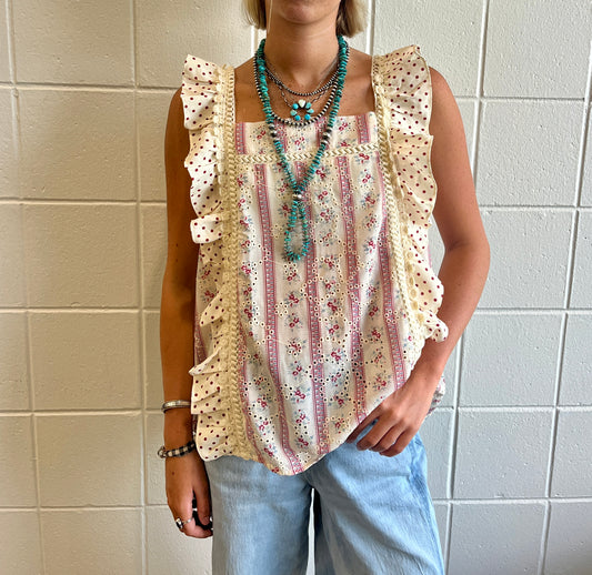 Mixed Print Eyelet Ruffle Tank