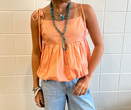 Orange Gingham Bubble Tie Tank
