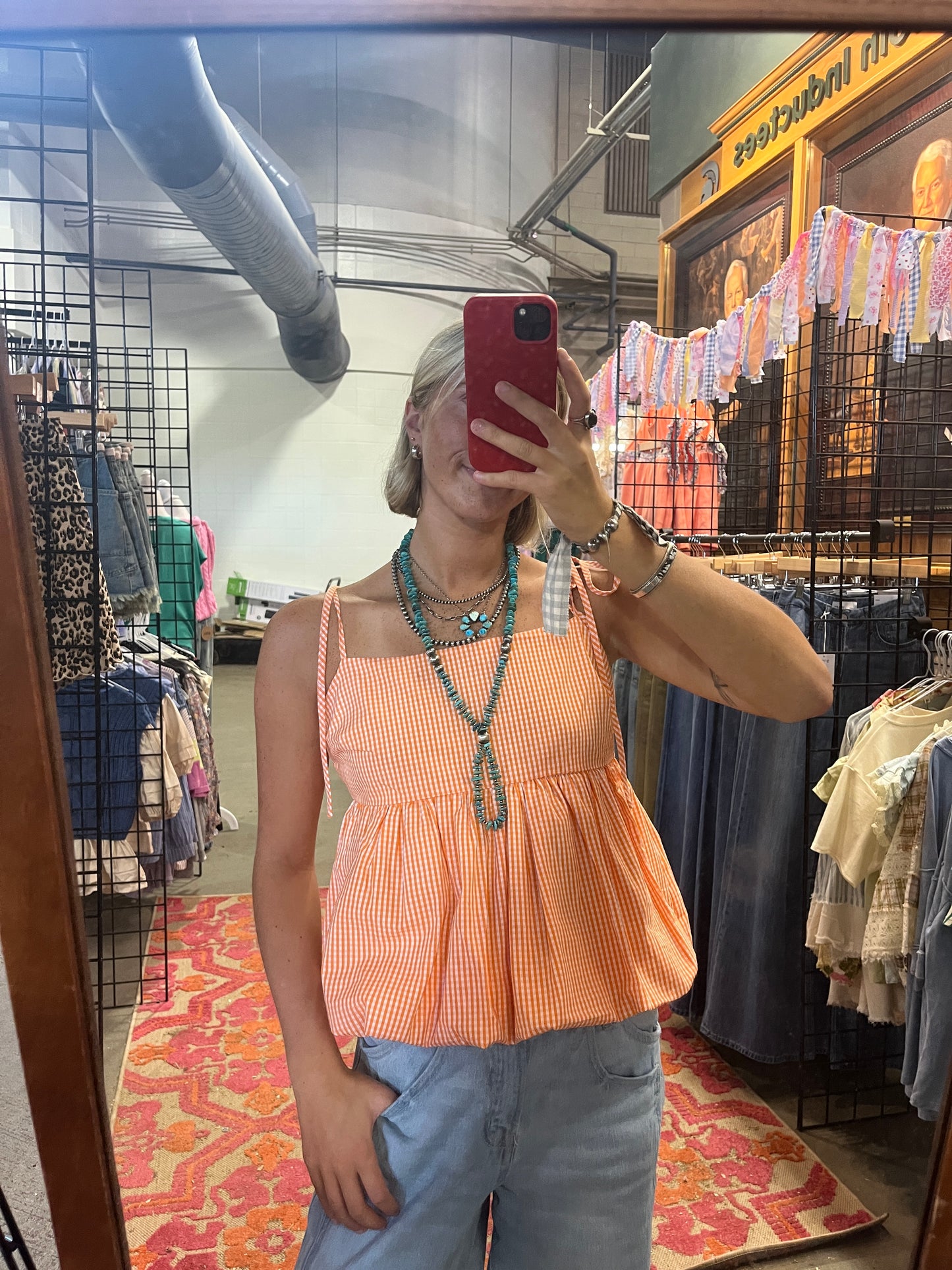 Orange Gingham Bubble Tie Tank