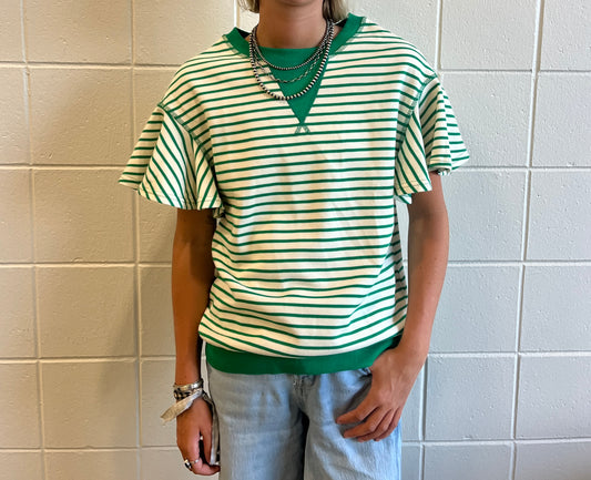 Green Striped Ruffle Sleeve Top