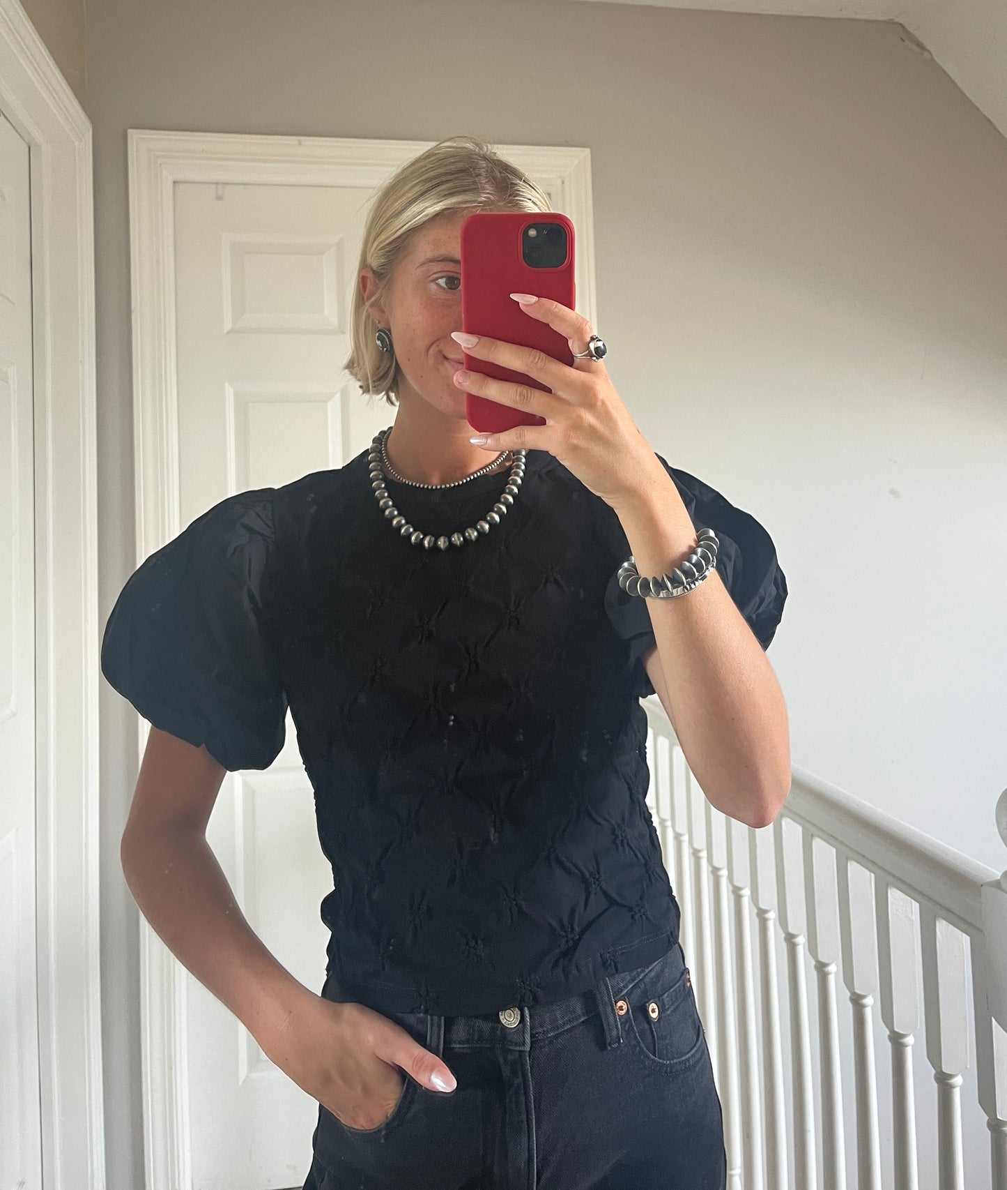 Black Floral Detail Puff Top