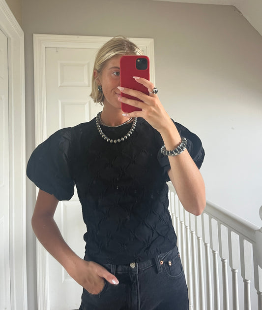 Black Floral Detail Puff Top