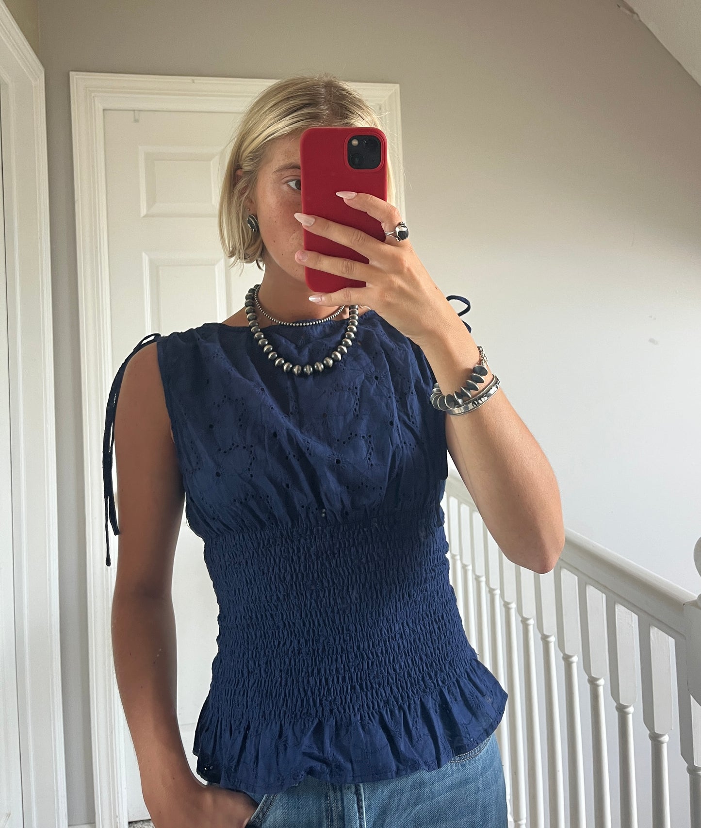 Eyelet Boat Neck Smocked Top