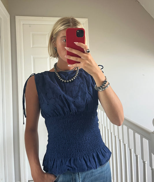 Eyelet Boat Neck Smocked Top